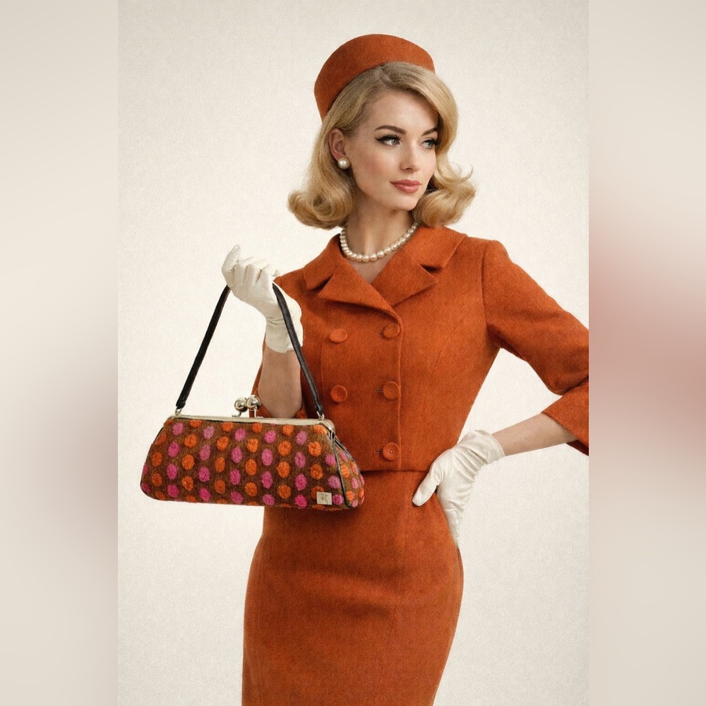 Vintage Karen Wilson Touch of Bubbly Polka Dot Wool Baguette Handbag